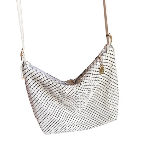 Whiting & Davis Metal Mesh Shoulder Bag Leather Strap Gold Charm 70s Y2K Disco - Picture 6 of 13